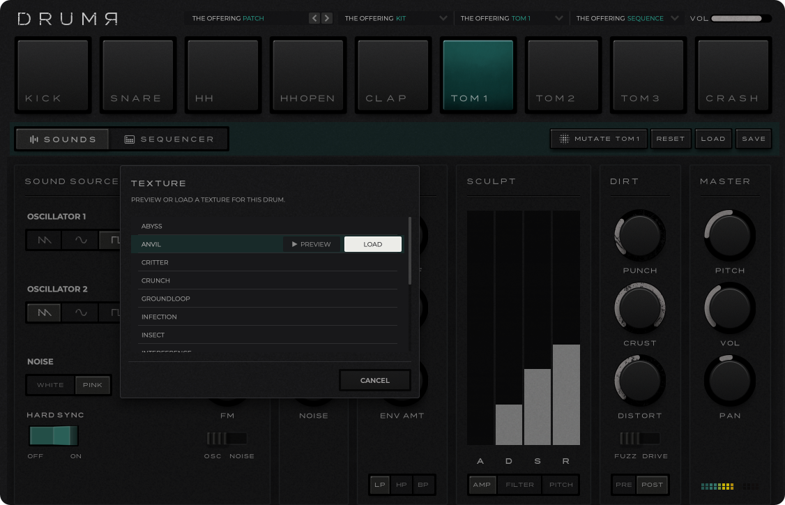 Texture browser: audition factory textures before loading.