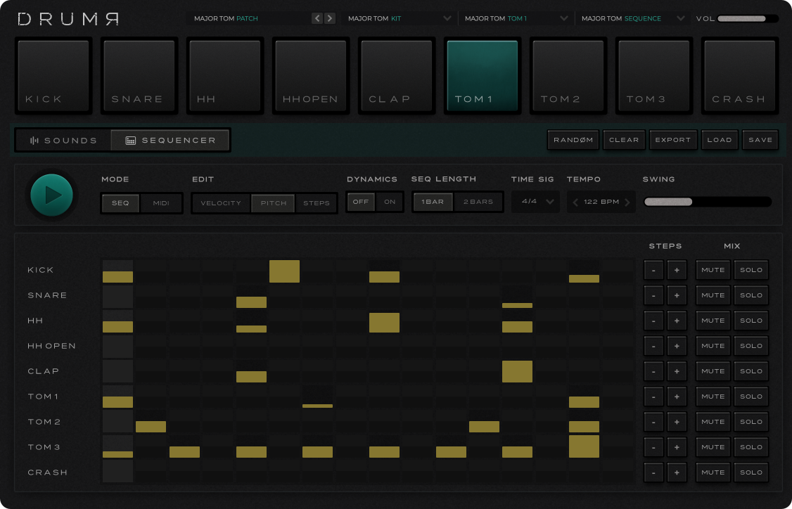 Velocity / pitch editing in the step grid; hit height communicates edited values.