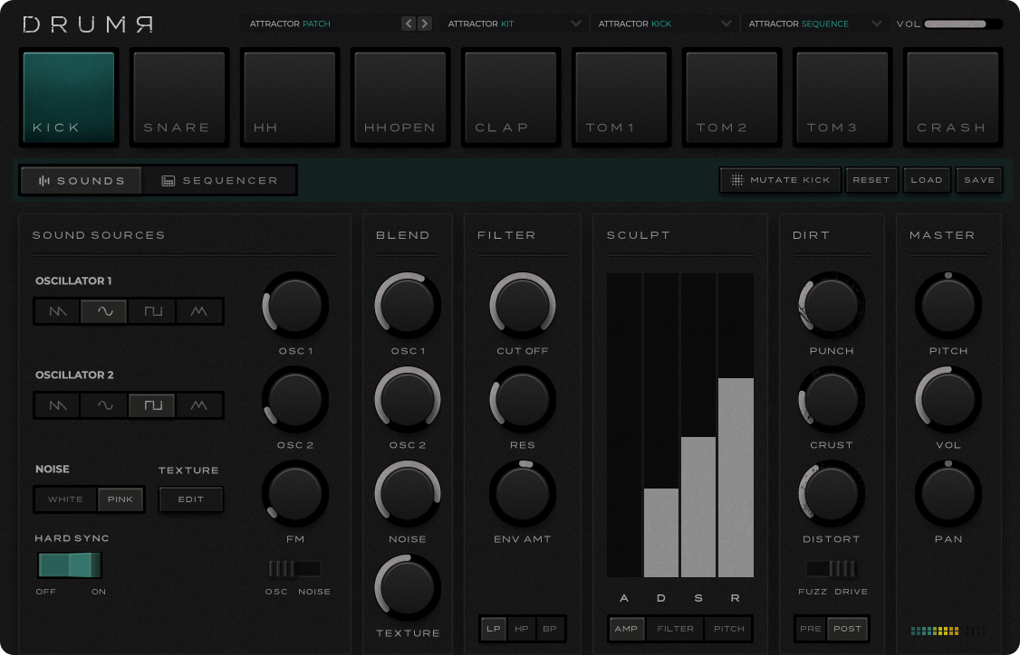 DRUMR’s nine drum pads above its sound and sequencer controls