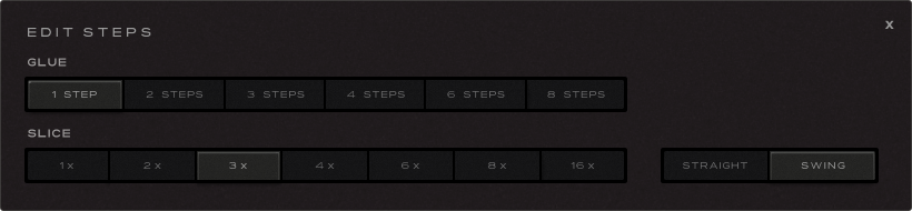 EDIT STEPS dialog: GLUE, SLICE and STRAIGHT / SWING.