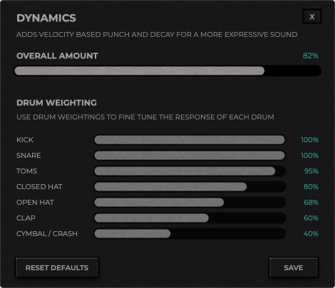 Dynamics settings: overall amount plus drum-group weighting sliders.
