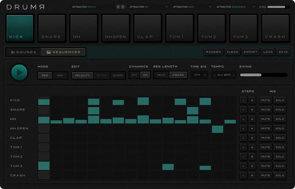 All nine DRUMR sequencer lanes